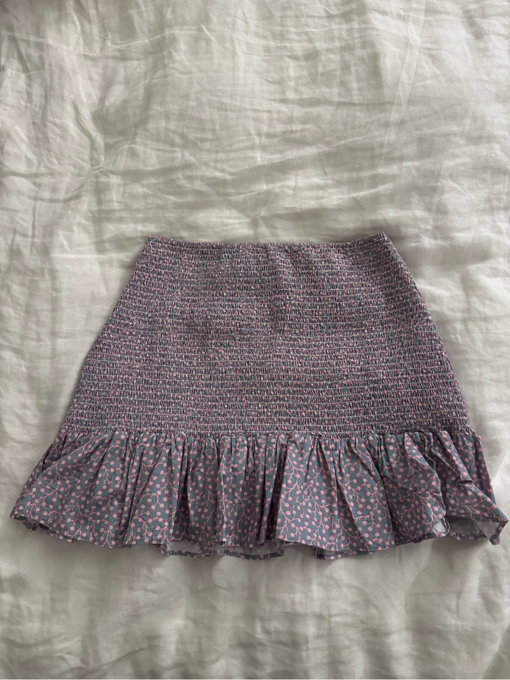 French Connection Lavender Smocked Mini Skirt with Pink Print